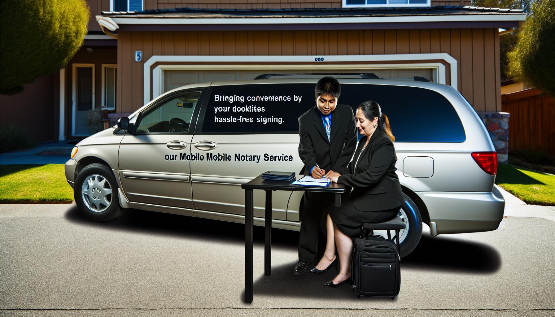 A mobile notary service vehicle parked outside a clients home, with a notary public assisting the client in signing important documents