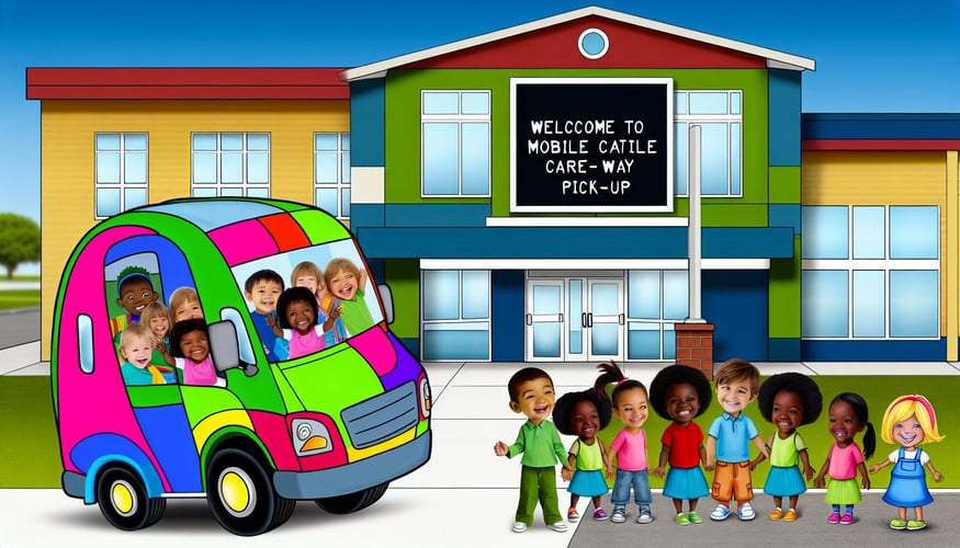 image of MOBILE CAREWAY PICKING UP CHILDREN IN FROM A SCHOOL WITH A SIGN SAY WELCOME TO MOBILE CAREWAY PICKUP-1