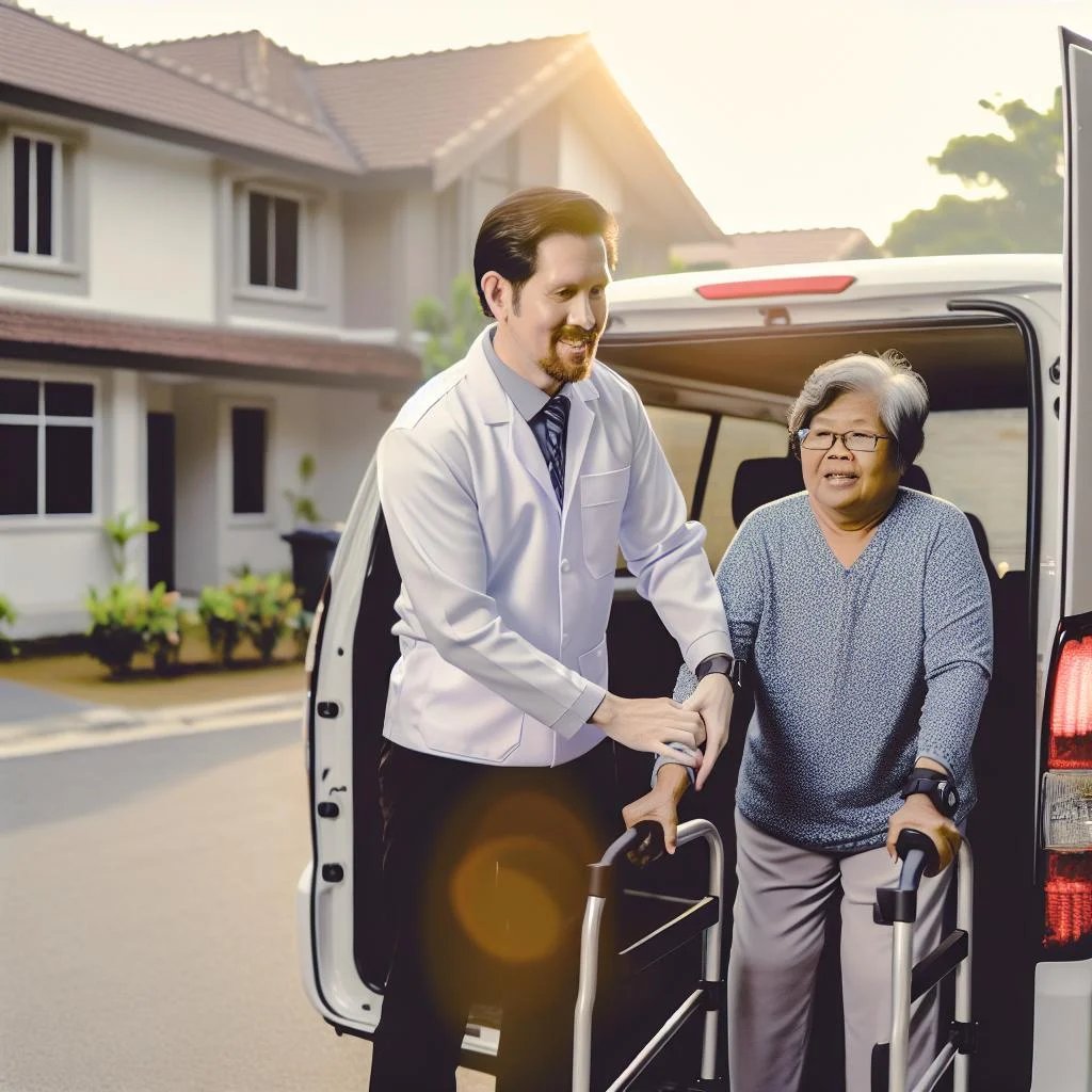 Doctor Appointment Transportation driver pick up senior to her doctor appointments on a car helping her in toothed vehicle-1