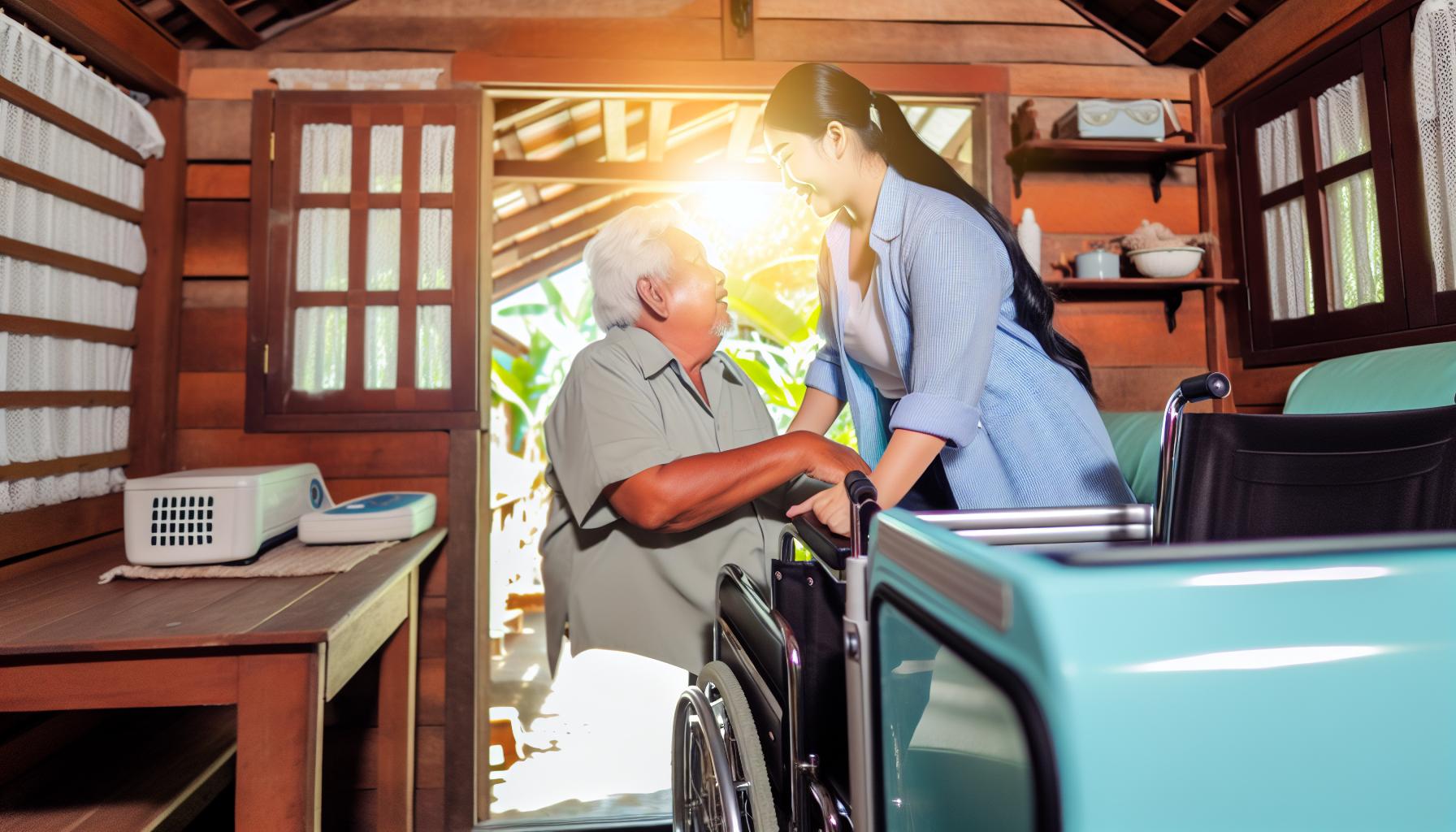 A caregiver providing attentive assistance to an elderly person at their home like cleaning, dressing, bathing as they safely enter a vehicle with a w