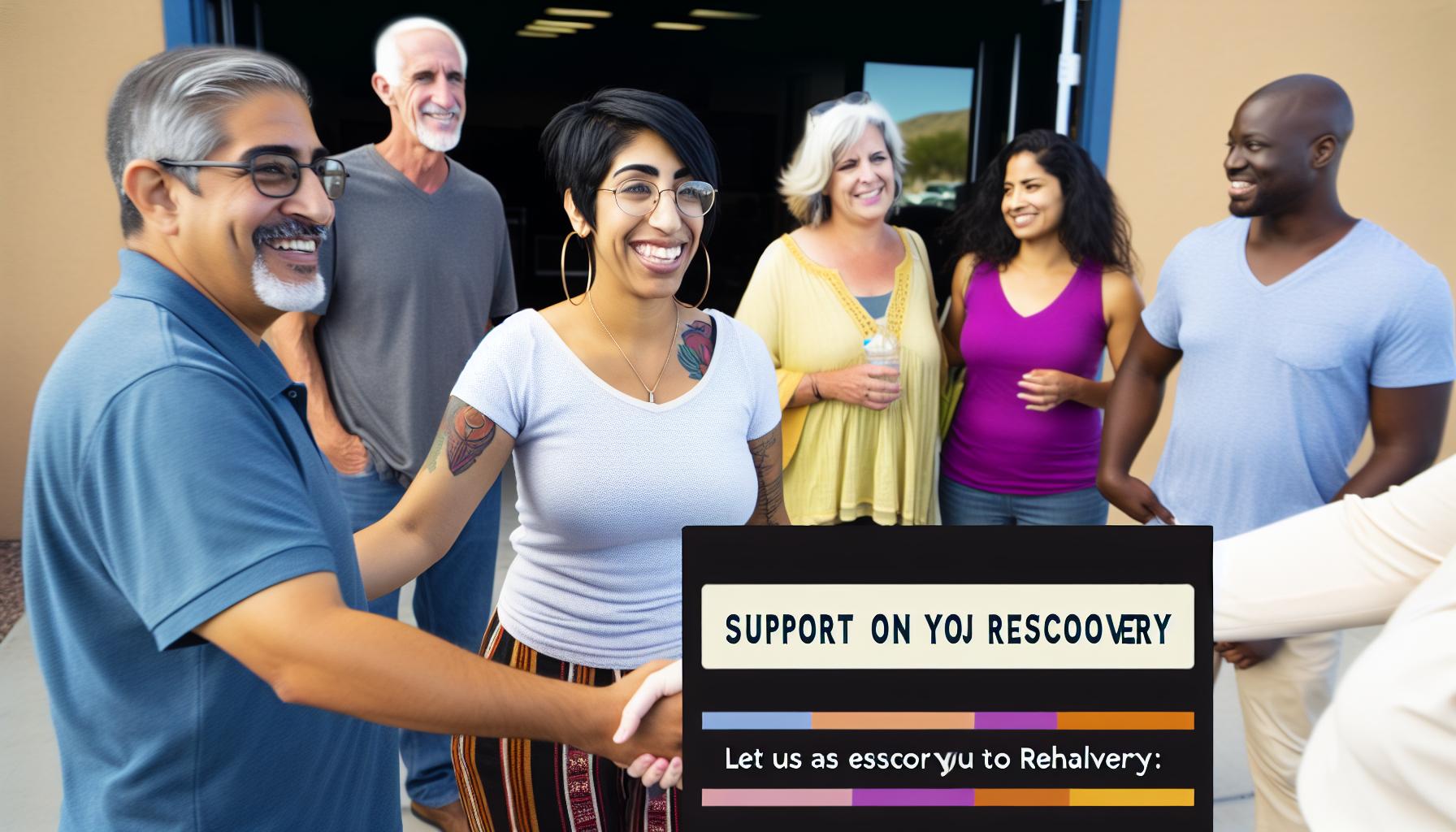 A group of individuals gather outside a rehabilitation center, chatting and smiling, while a caring escort from the company greets them and helps them