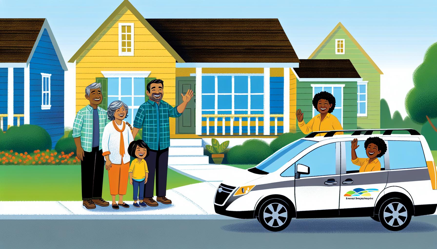 A happy family standing outside their home, waving goodbye as their child boards a vehicle with a cheerful driver