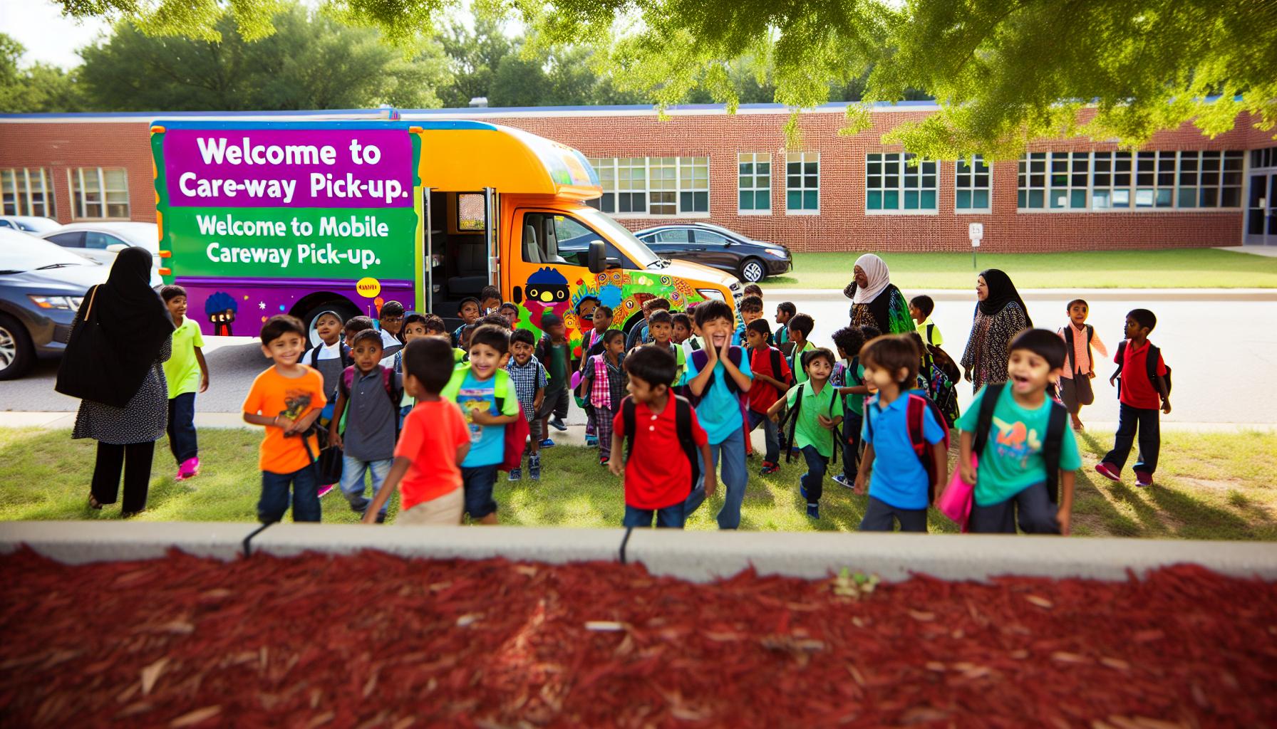 image of MOBILE CAREWAY PICKING UP CHILDREN IN FROM A SCHOOL WITH A SIGN SAY WELCOME TO MOBILE CAREWAY PICKUP