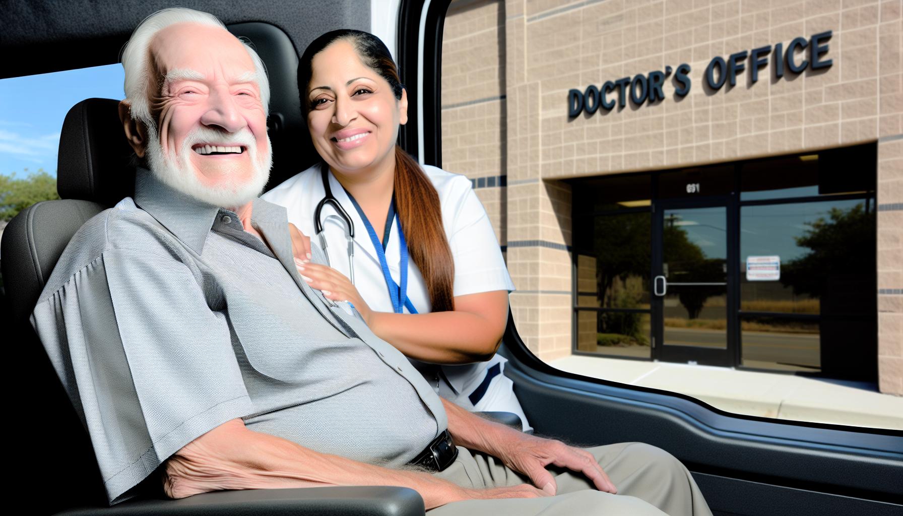 n elderly individual smiling warmly while seated comfortably in a vehicle with a caregiver beside them