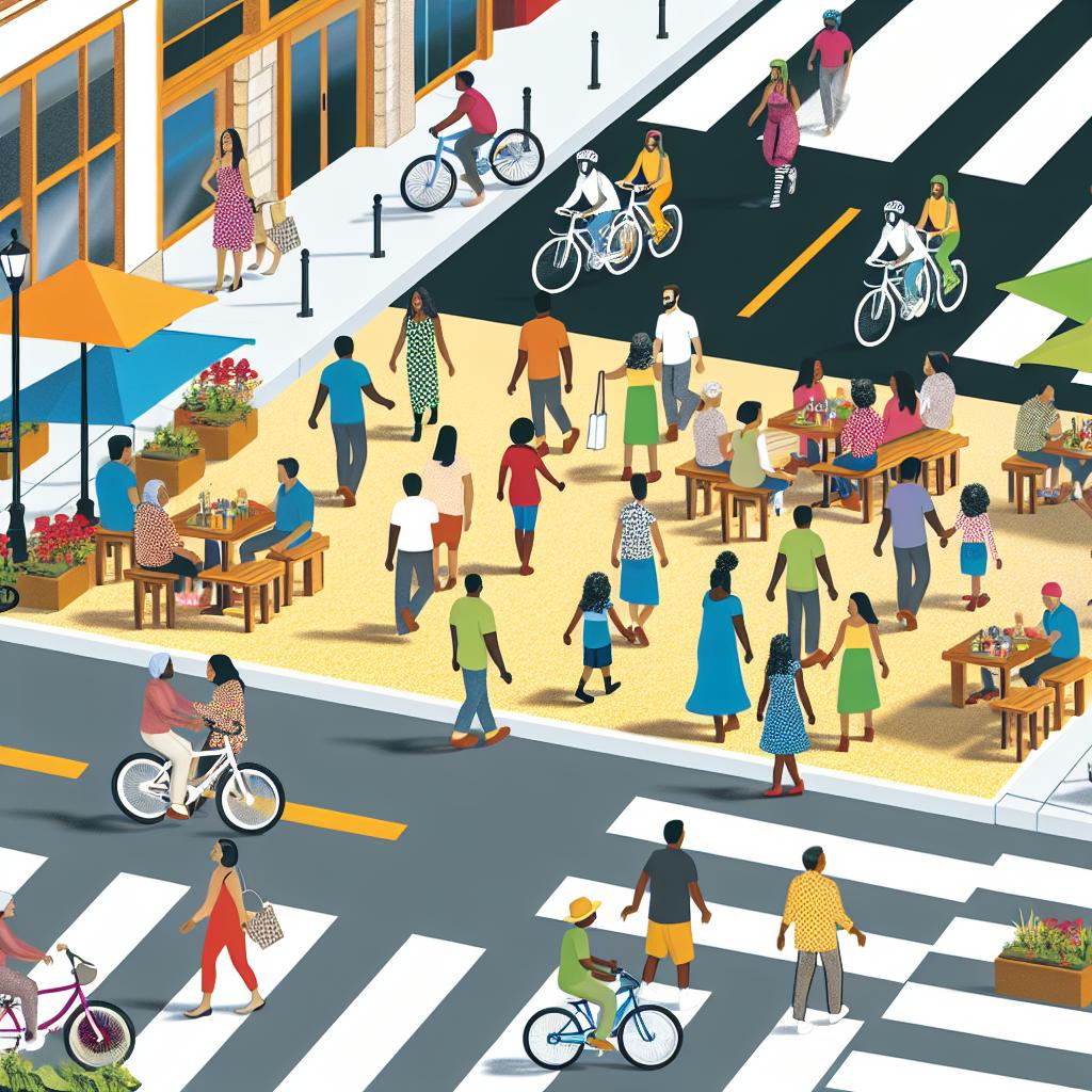 A bustling city street lined with bike lanes, colorful crosswalks, outdoor seating areas, and pedestrians of all ages and backgrounds. The sun is shining and there is a sense of community and vitality in the air.