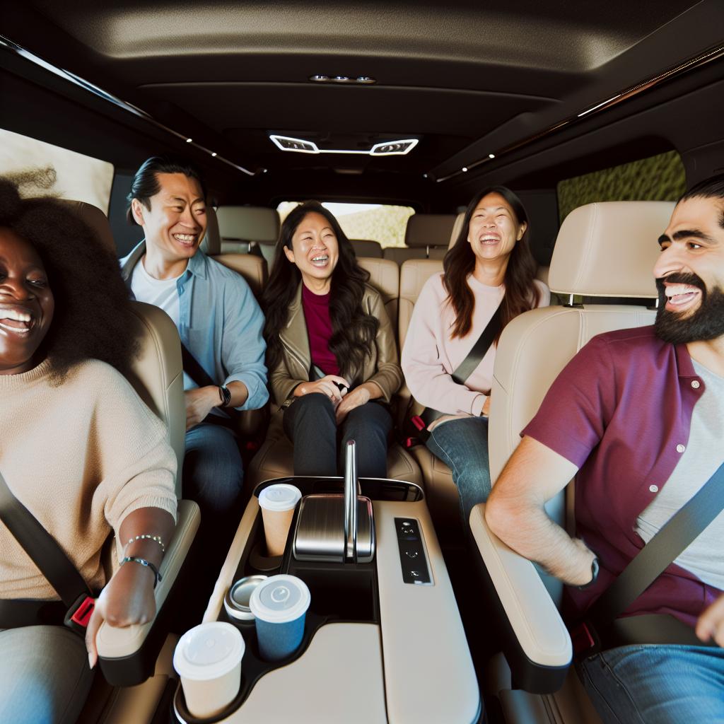 A group of individuals comfortably seated in a luxury vehicle equipped with amenities, chatting and laughing as they are driven towards their destination.