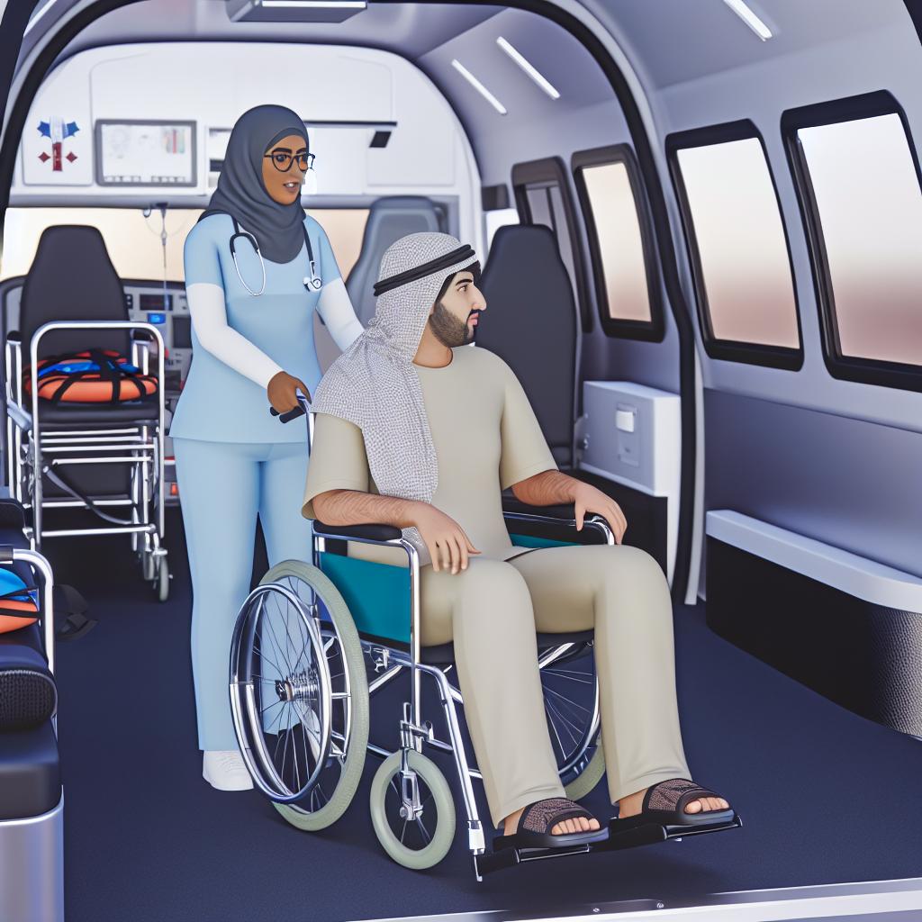 A person in a wheelchair being safely transported in a specialized vehicle with medical equipment and staff assistance available.