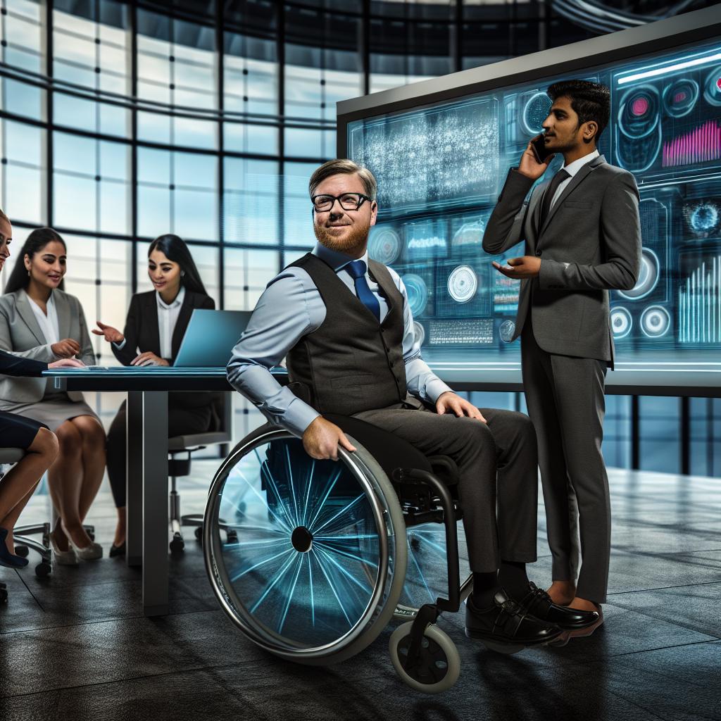 A person in a wheelchair confidently working in a modern office environment, surrounded by supportive colleagues.