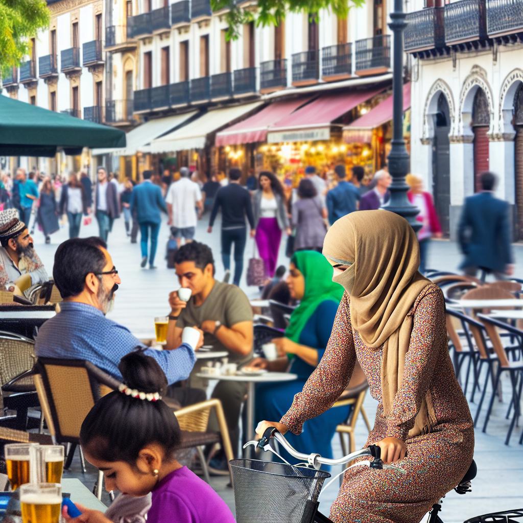 A person riding a bicycle through a vibrant city street, passing by bustling cafes and green parks.