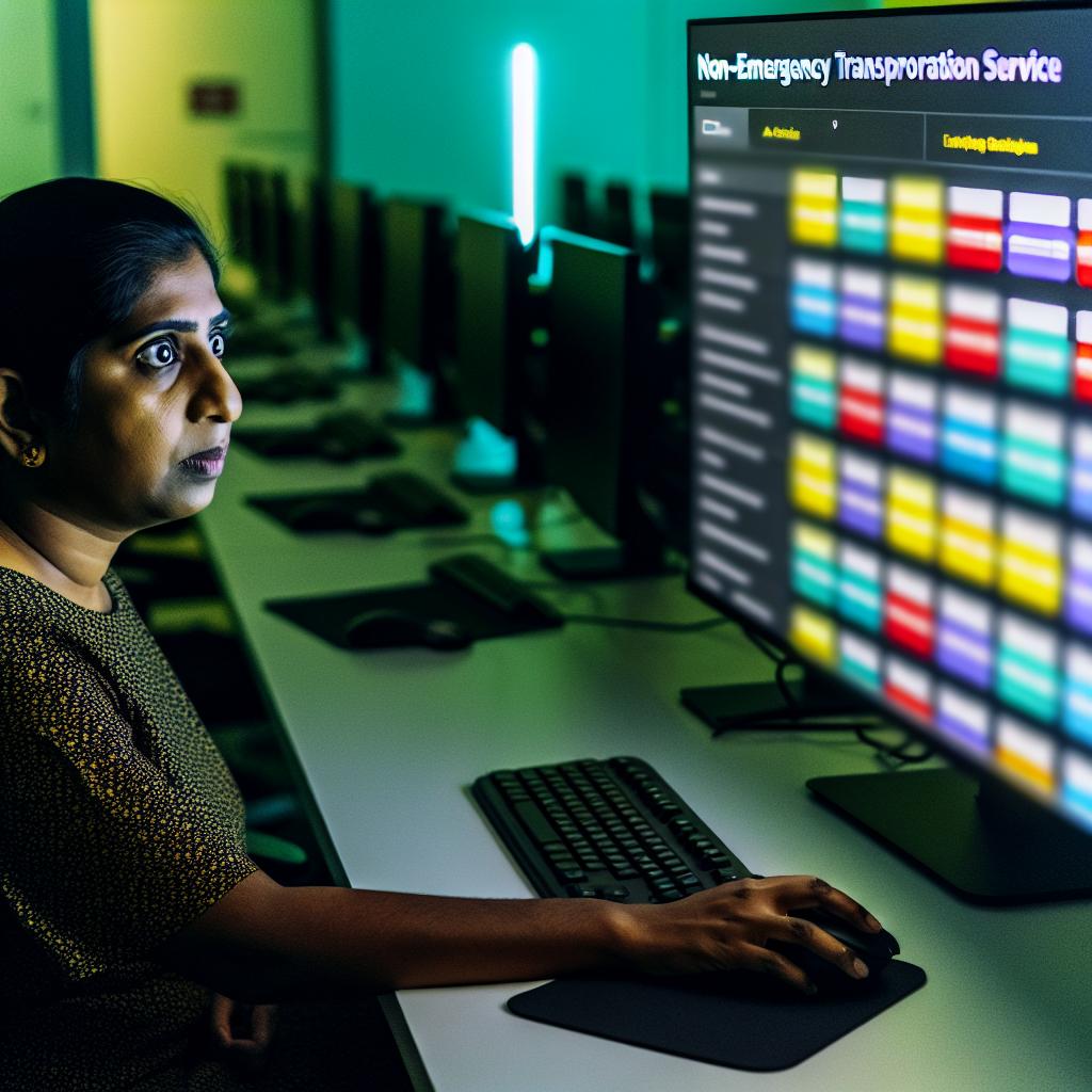 A person sitting at a computer, surrounded by various options for non-emergency transport services, looking focused and determined.