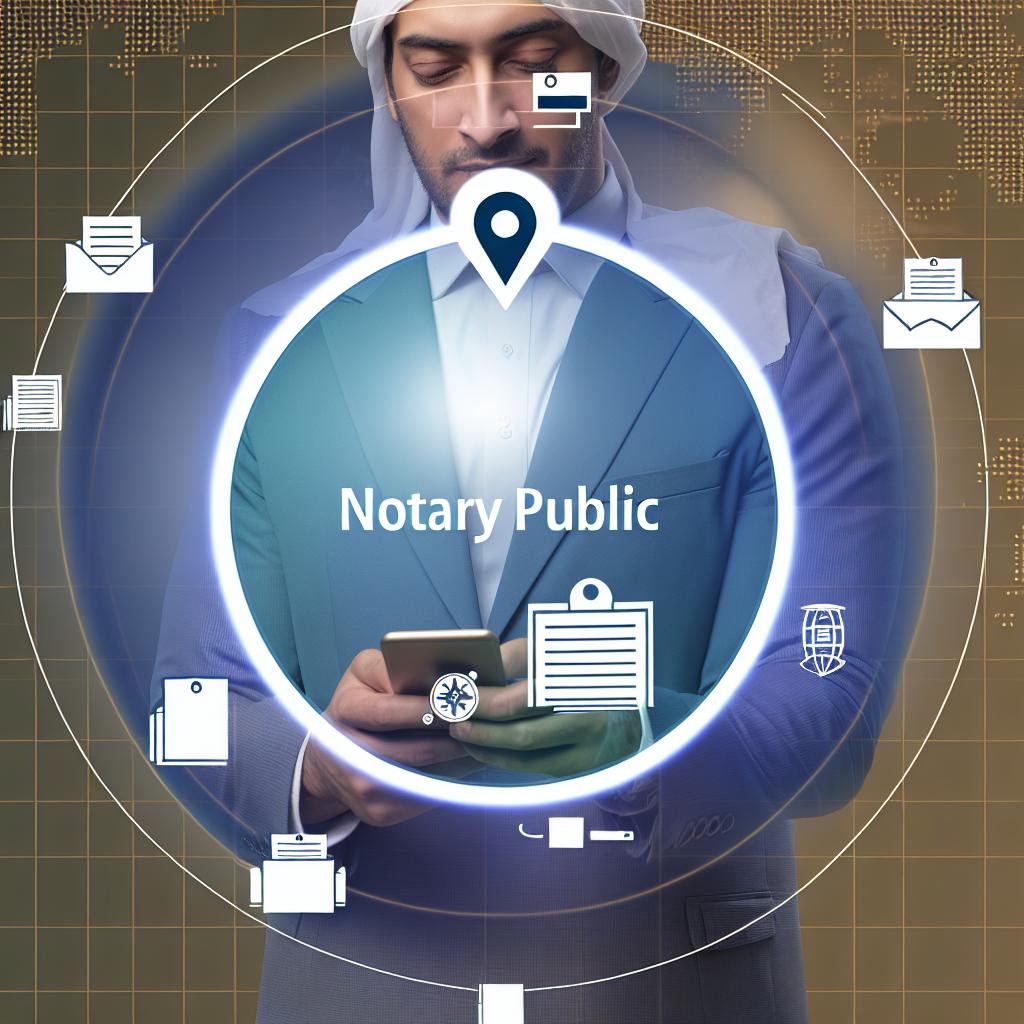 A person using a smartphone to search for a notary public, surrounded by icons of maps, calendars, and documents.