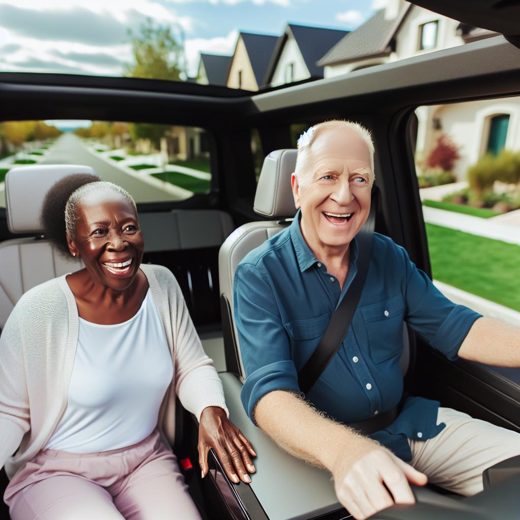 A senior couple sitting comfortably in a spacious and modern vehicle, smiling as they are driven through a scenic neighborhood in Broward County. The vehicle is equipped with advanced safety features and amenities to cater to their needs.