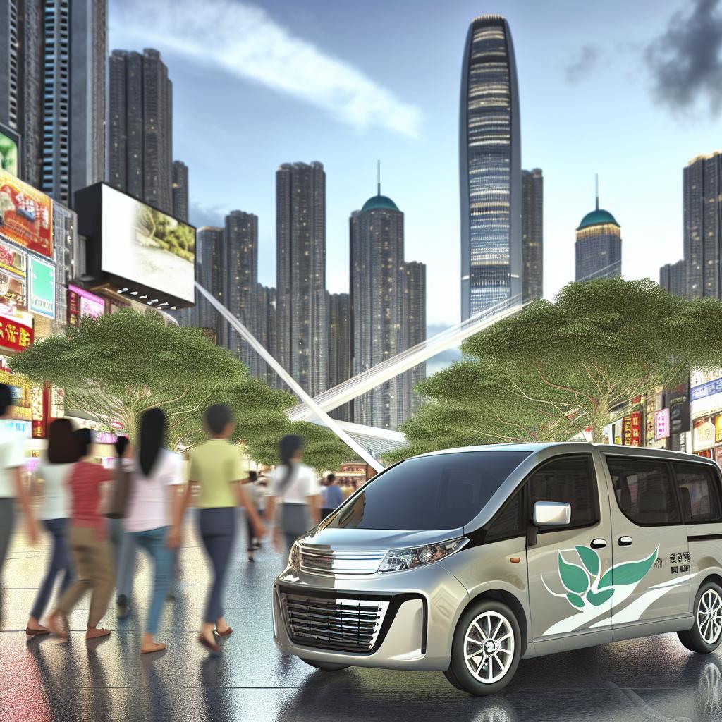 A sleek, modern minivan with the Mobile Careway Transportation logo on the side, parked in front of a bustling city street.