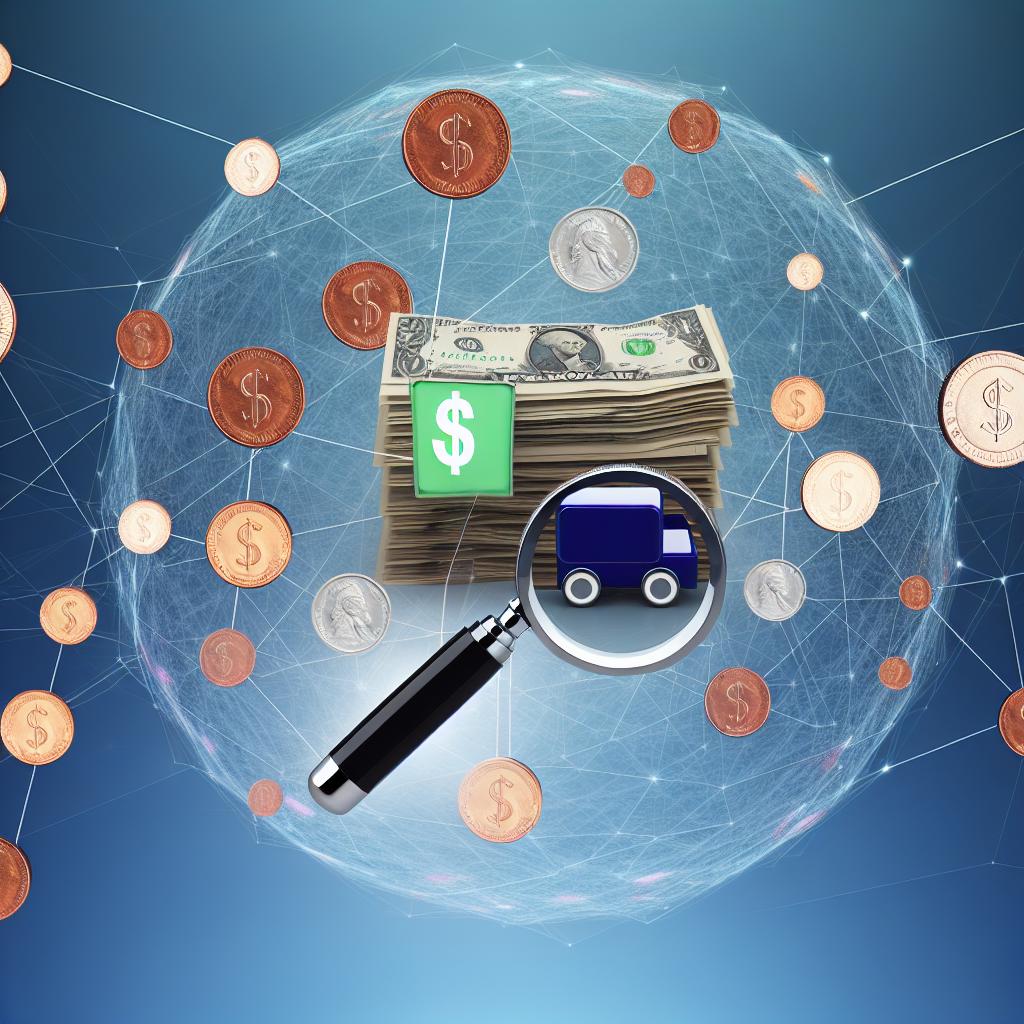 An intricate web of various dollar bills and coins tangled together, with a magnifying glass hovering above, symbolizing the complexities of mobile notary fees.